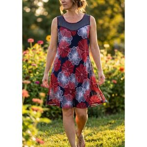 SJS Dress XL Red Blue White Floral Sleeveless Swing Coastal Boho Chic Resort Mod